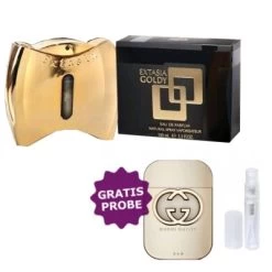 New Brand Extasia Goldy 100 Ml + Perfume Sample Spray Gucci Guilty